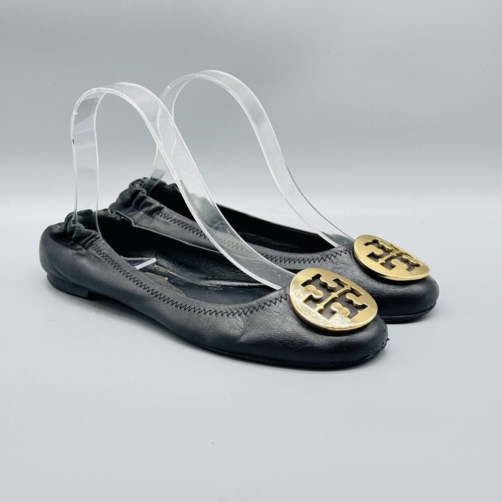 Tory Burch Shoes Women 7.5 Black Leather Ballet Flats Gold Medallion Logo Travel